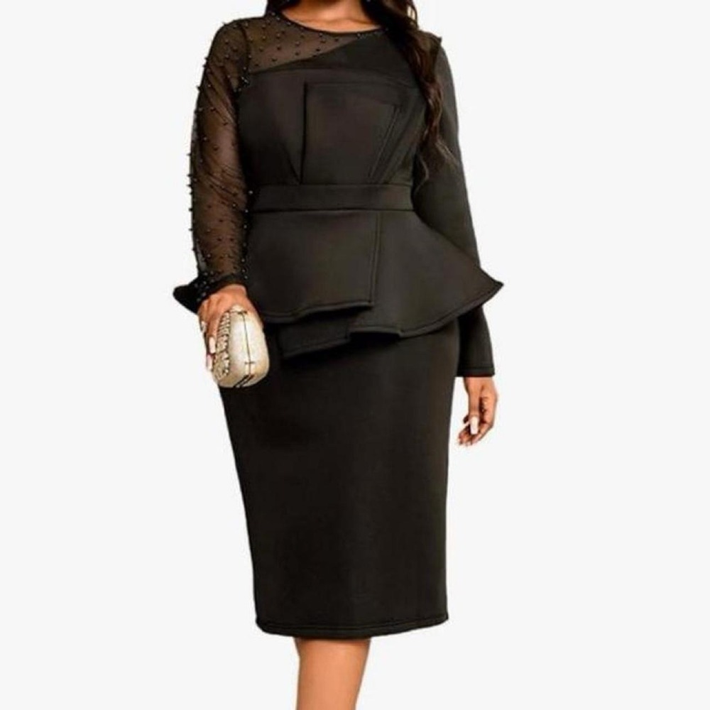Women's Mesh Patchwork Bead Long Sleeve Peplum Bodycon Knee Length Dress